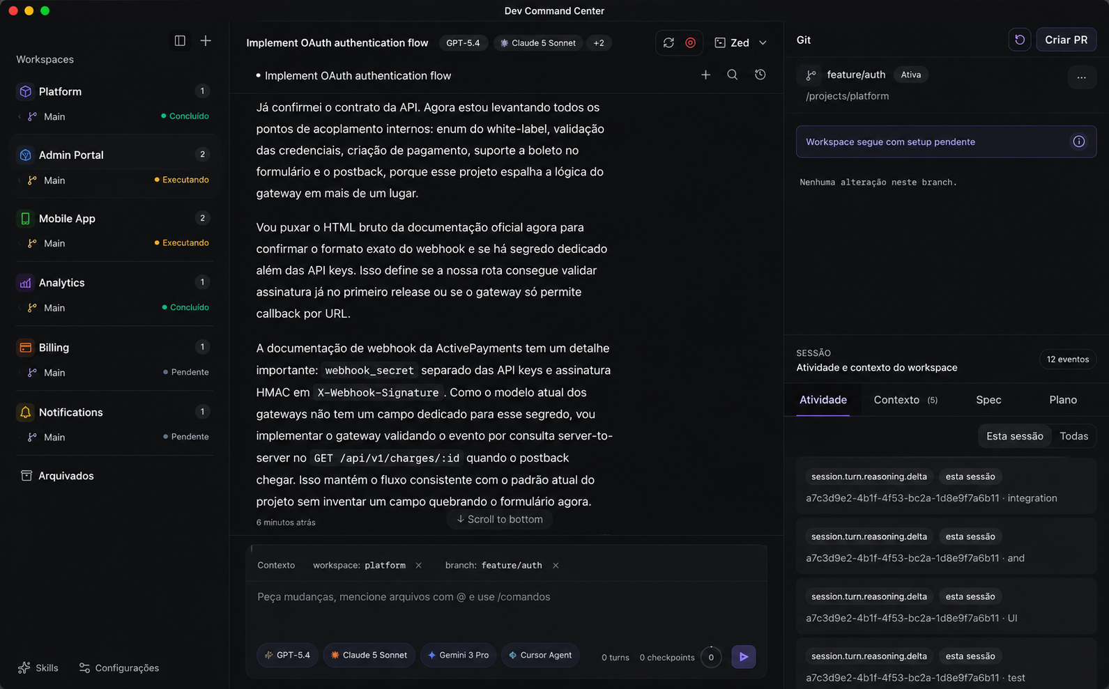 Dev Command Center — workspaces, sessão de codex, contexto de PR e git lado a lado