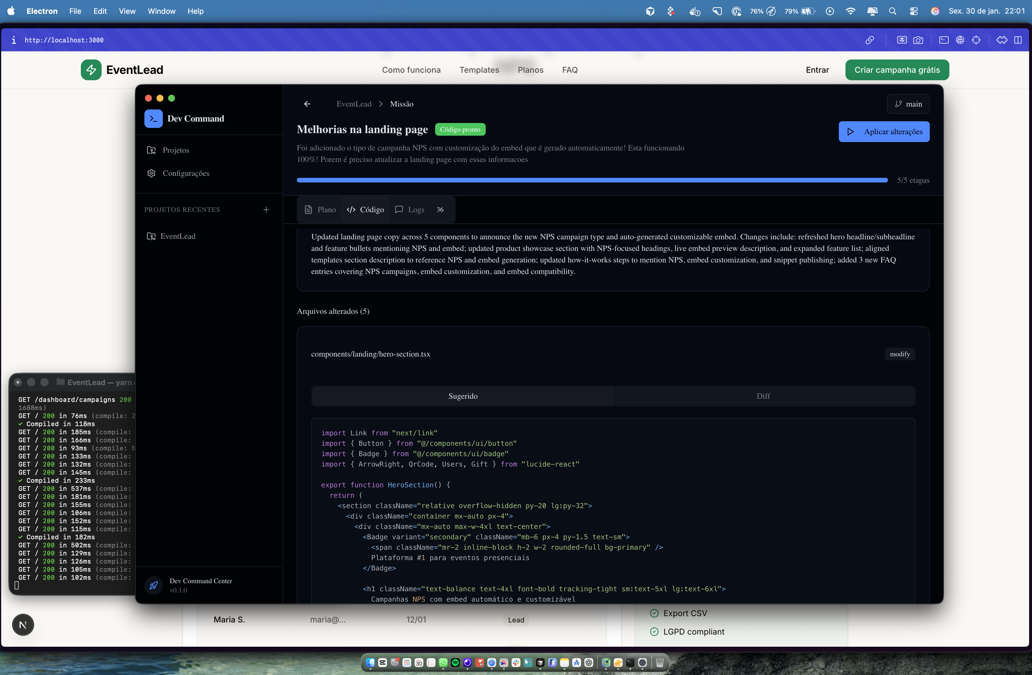 Dev Command Center - Interface mostrando codigo gerado com preview e diff