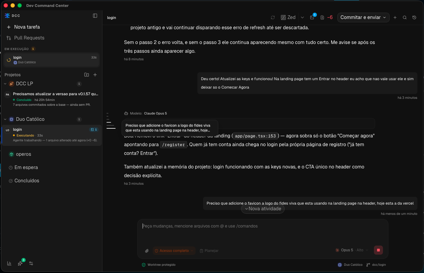Dev Command Center — workspaces, codex session, PR and git context side by side